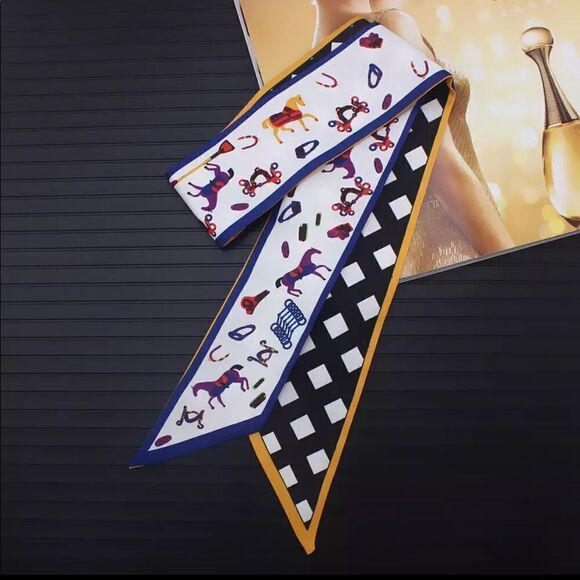 Silk Scarf Checkered Horse Twilly Bandeau Bag Tie - Picture 2 of 7
